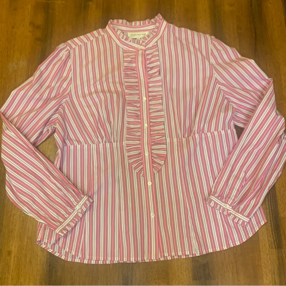 Jones New York Sport Button Down XL Pink and White Striped Ruffle Front Blouse
